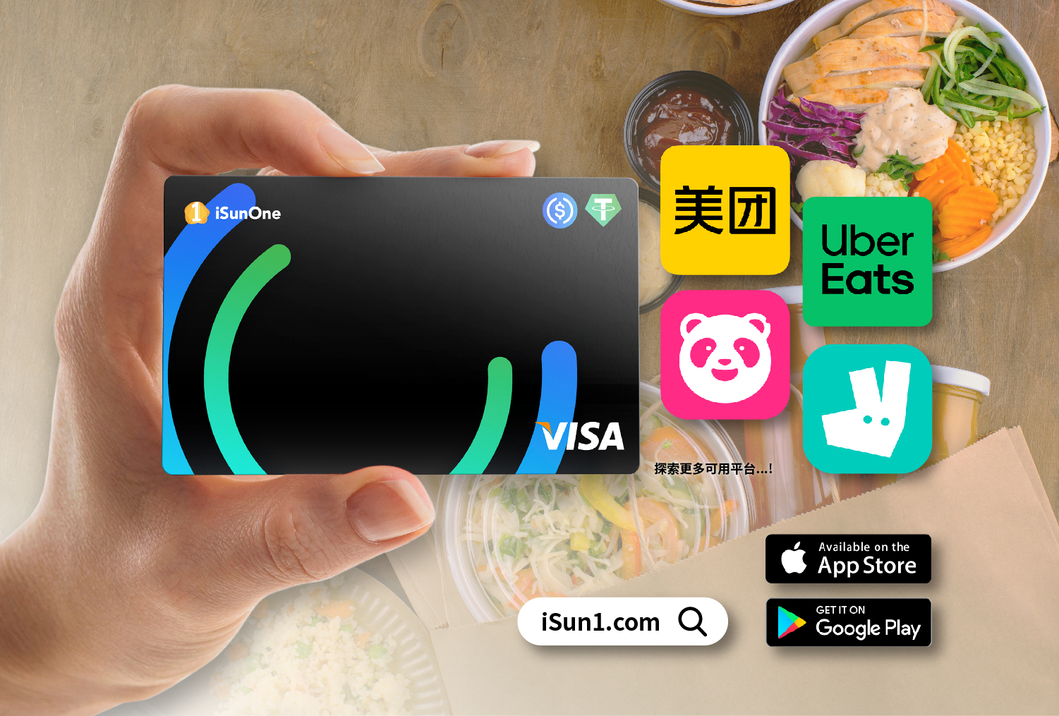 於美團，UberEats，FoodPanda等使用 iSunOne全球Visa卡，充U吃遍天下